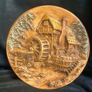 Vintage Chalkware Watermill and Farmhouse Wall Art